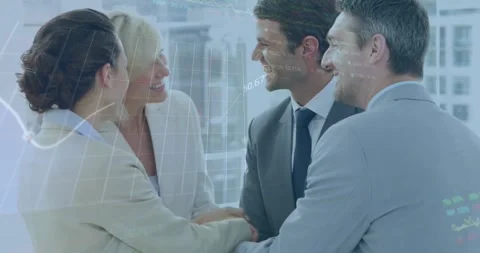 Four business execs converging into hand stack, stacking hands sealing deal with Stock Footage 328656529