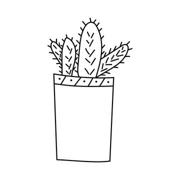 Four cacti in a vertical pot in the style of a doodle Illustrazione stock