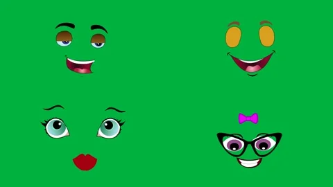 Four cartoon 2d faces on green screen green green pink purple Animated. 스톡 동영상 310122732