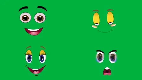 Four cartoon 2d faces on green screen green blue pink purple Animated. Stock Footage 310122735