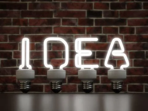 Four CFL light bulbs with tubes shaped into IDEA word Stock Illustration