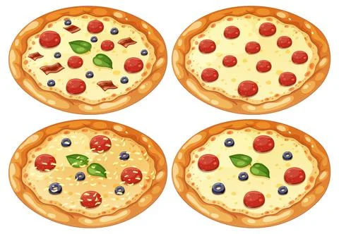 Four Cheese Pizzas with Various Toppings Vector Set イラスト素材