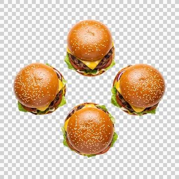 Four cheeseburgers in diamond pattern top view isolation. 库存照片