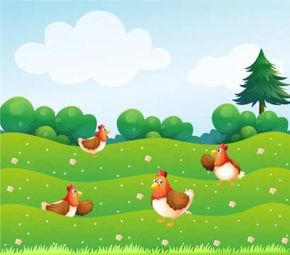 Four chickens at the hills Stock Illustration