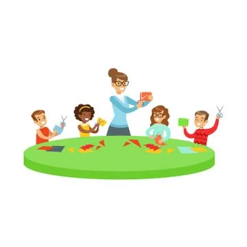 Four Children In Art Class Doing Applique Cartoon Illustration With Elementary Stock Illustration