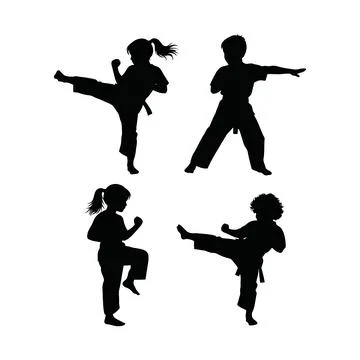 Four Children Performing Different Karate Stances and Kicks in Martial Arts.. Stock Illustration