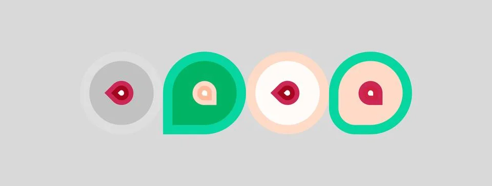 Four circular designs feature central red dots, surrounded by varying pastel Illustrazione stock