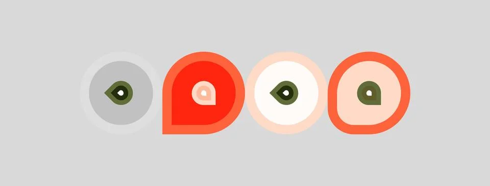 Four circular designs feature central eye motifs. Colors vary gray, red, peac 스톡 일러스트