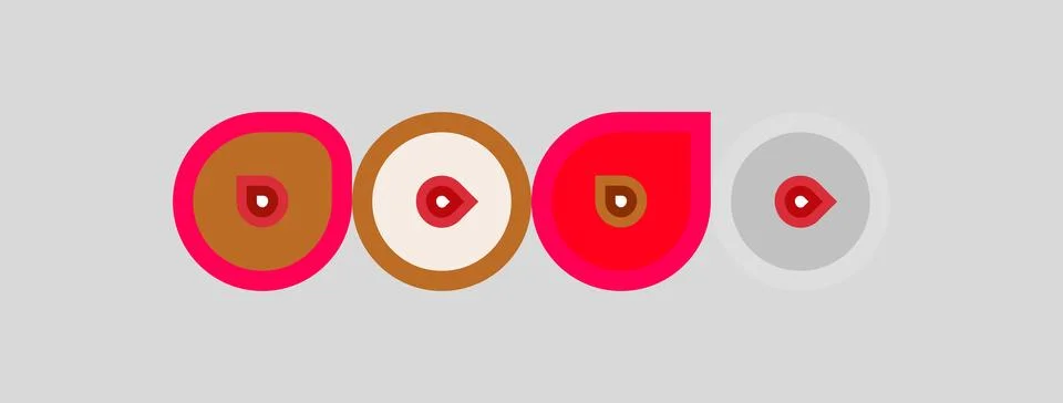 Four circular designs feature concentric rings, varying colors. Designs rest Stock Illustration