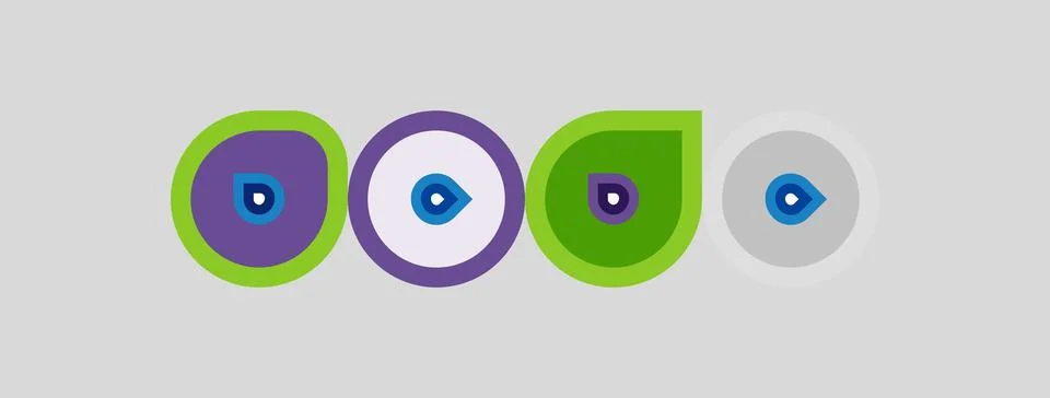 Four circular designs feature eye motifs. Purple, green, blue colors dominate Stock Illustration