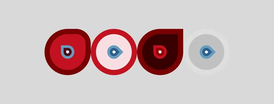 Four circular designs feature eye motifs. Red, white, gray backgrounds presen Stock Illustration