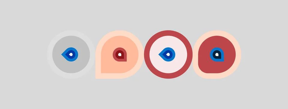 Four circular designs feature stylized eyes. Colors include blue, red, peach, Stock Illustration