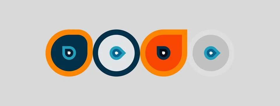 Four circular icons display stylized eyes. Orange, navy, gray colors dominate Illustrazione stock