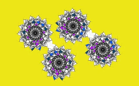 Four Circular Mandala Geometric Ornaments on Yellow Background Stock Illustration