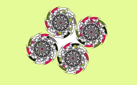Four Circular Scribble Art Rosette Motifs with Magenta and Green Accent Curves P Stock Illustration
