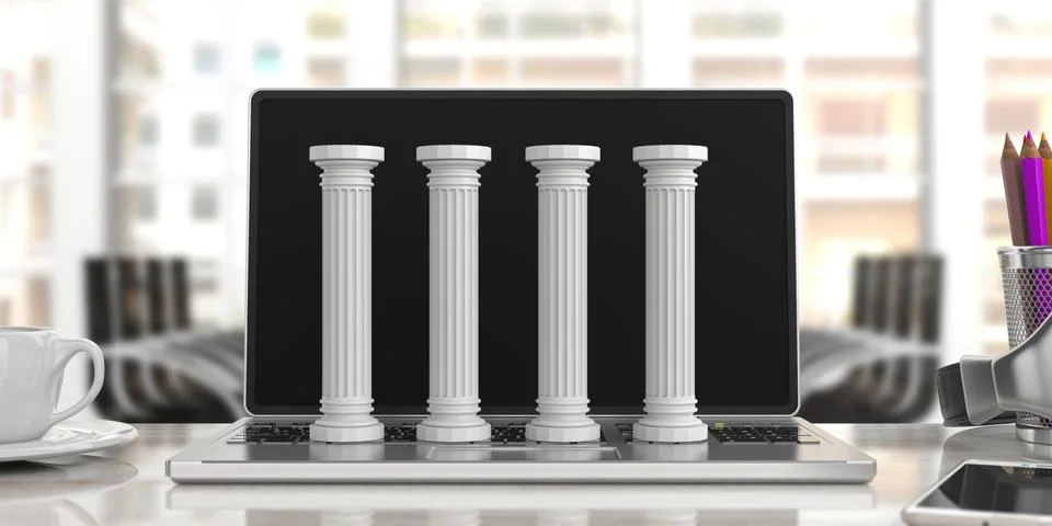Four classical pillars on a computer, blur office background. 3d illustration Stock Illustration