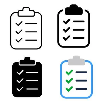 Four clipboard with checkmarks and lines in black white and blue symbol Stock Illustration