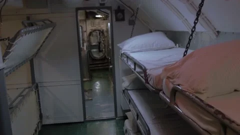 Four Clips Of Beds Inside USS Bowfin Submarine, Pearl Harbor, Hawaii Stock Footage 154499376