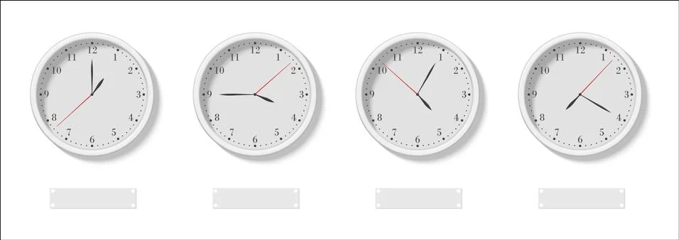 The Four clock faces with the different time and empty signs below vector Stock Illustration