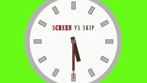 Four clocks display changing time on a green screen. The phrase Screen vs Skip Stock Footage 335079389