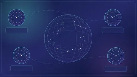 Four clocks synchronized around globe with network lines on dark background Stock Illustration