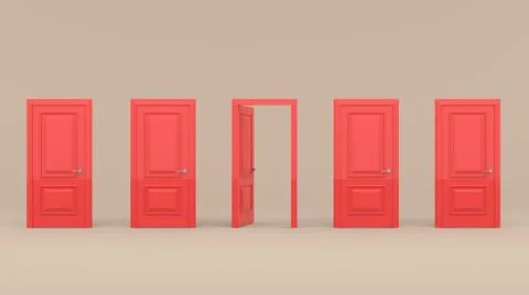 Four closed red doors and one open door on a pastel brown background. 3d rend Stock Illustration