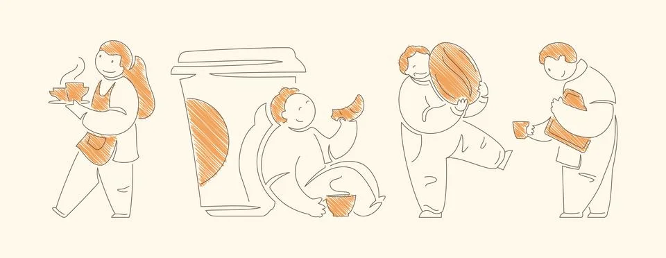 Four coffee themed scenes featuring waitress with tray person enjoying large  Stock Illustration
