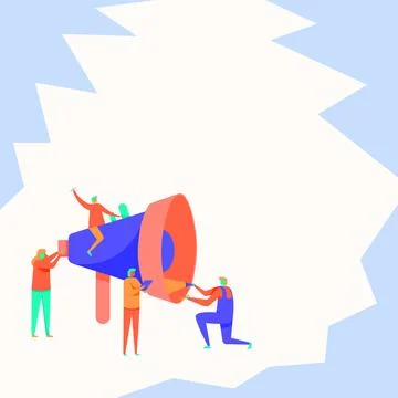 Four Colleagues Drawing Inspecting Using Large Megaphone Displaying Team Illustrazione stock