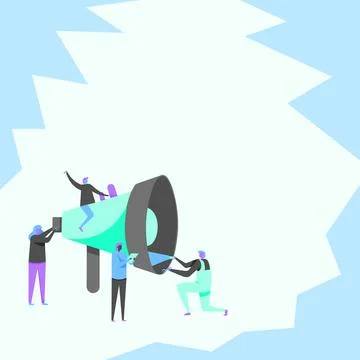 Four Colleagues Drawing Inspecting Using Large Megaphone Displaying Team Stock Illustration