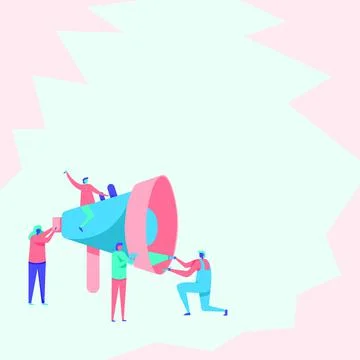 Four Colleagues Drawing Inspecting Using Large Megaphone Displaying Team Illustrazione stock