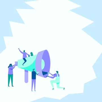 Four Colleagues Drawing Inspecting Using Large Megaphone Displaying Team Stock Illustration