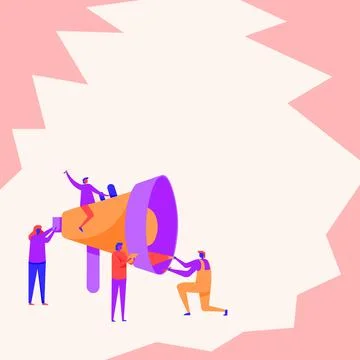 Four Colleagues Drawing Inspecting Using Large Megaphone Displaying Team Stock Illustration