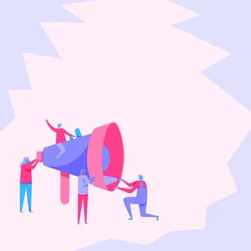 Four Colleagues Drawing Inspecting Using Large Megaphone Displaying Team Illustrazione stock