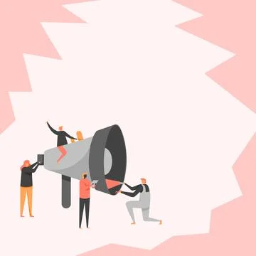 Four Colleagues Drawing Inspecting Using Large Megaphone Displaying Team Stock Illustration