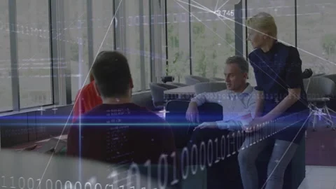 Four colleagues initiating data-driven brainstorming amid animated binary Stock Footage 314709007