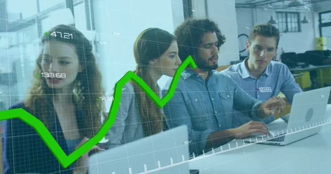 Four colleagues leaning and typing in analytics, green graph oscillating, Stock Footage 334040801