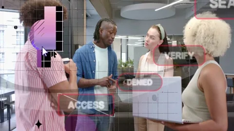 Four colleagues talking as talk starting, tech UI badges pulsing over laptop and Stock Footage 333299818