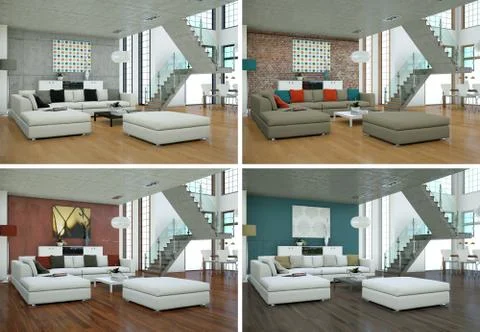 Four color variations of modern interior loft design Stock Illustration