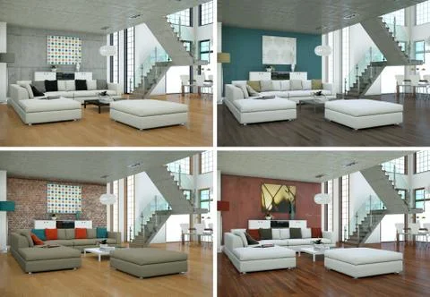 Four color variations of modern interior loft design Stock Illustration