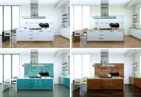 Four color variations of modern kitchen with a beautiful design Stock Illustration