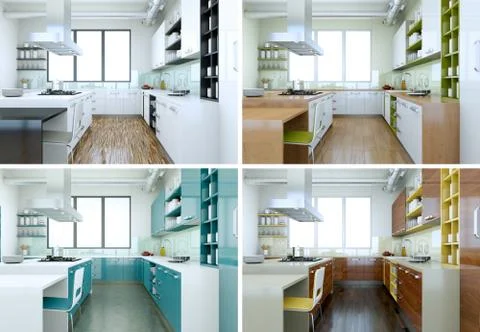 Four color variations of modern kitchen with a beautiful design Stock Illustration