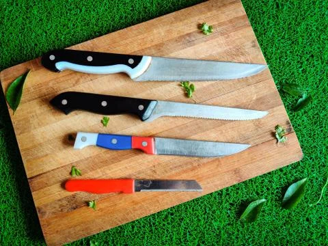 Four colored different sizes of knives kept on chopping board. With curry lea Stock Photos
