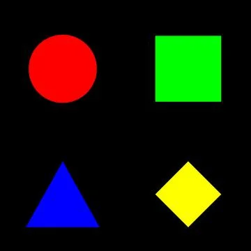 Four colored symbols circle square triangle rhombus on black background Stock Illustration