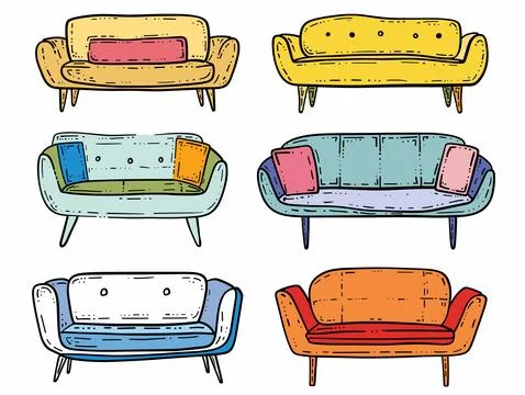 Four colorful handdrawn sofas cushions, modern furniture design, bright home Illustrazione stock