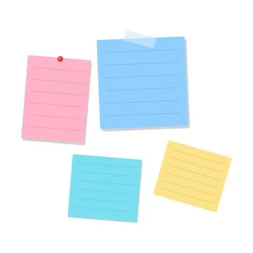 Four colorful lined sticky notes with tape and pin, isolated on white backg.. Stockillustratie