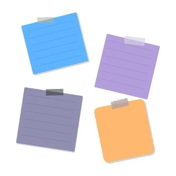Four colorful sticky notes, blue, purple, and orange, with tape and lines, .. Stock Illustration