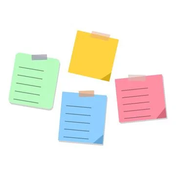 Four colorful sticky notes in yellow, green, blue, and pink, taped, isolate.. Stockillustratie