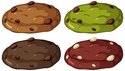 Four colorful vector cookies including matcha, chocolate, and red velvet flav Stock Illustration
