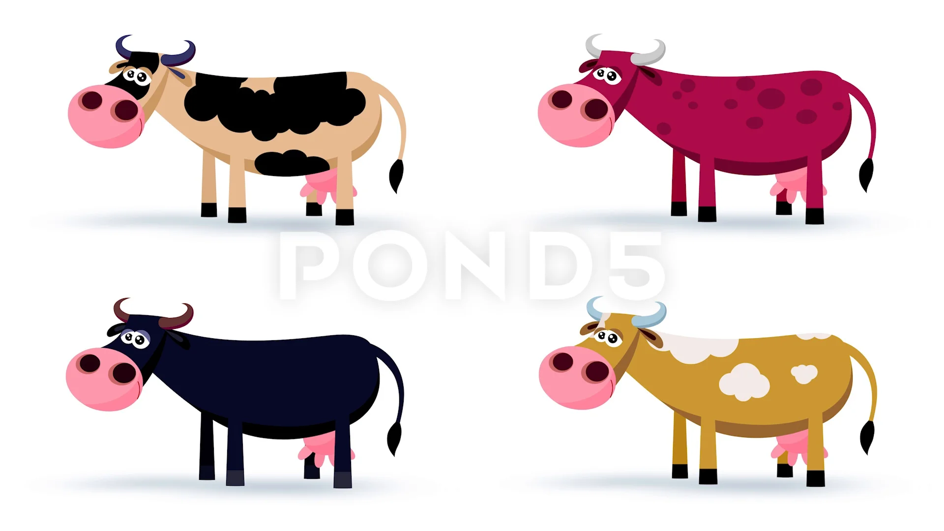 Four colour cartoon cows characters move... | Stock Video | Pond5