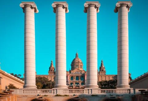 The Four Columns Ionic columns near Palau Nacional in Barcelona Stock Photos